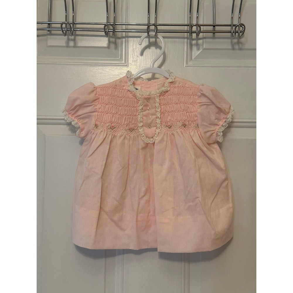 Polly Flinders Vintage Baby Girls Pink Hand Smocked Floral Lace Dress Size 9 Mo